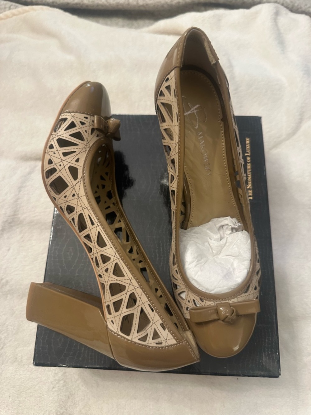 b. makowsky Taupe Laser-Cut Block Heel Pumps with Bow